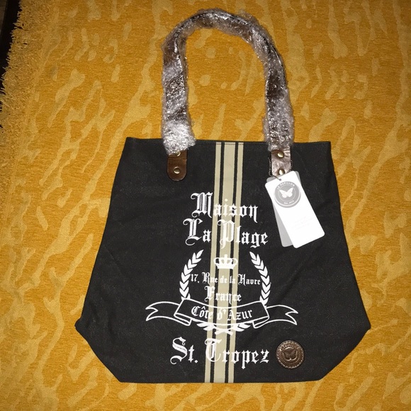 Le Papillon-St. Tropez tote-vintage dark gray white print stripe bag NWT LAST 1! - Picture 5 of 13